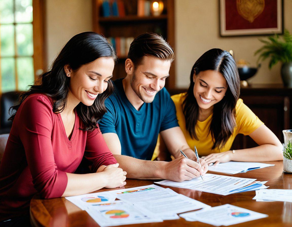 A happy couple sitting together at a cozy table, reviewing insurance documents, surrounded by various symbols of protection like a shield, family, and home icons. The scene should radiate warmth and collaboration, showcasing their teamwork in financial planning. Bright colors and soft lighting enhance the inviting atmosphere. super-realistic. vibrant colors. soft-focus background.