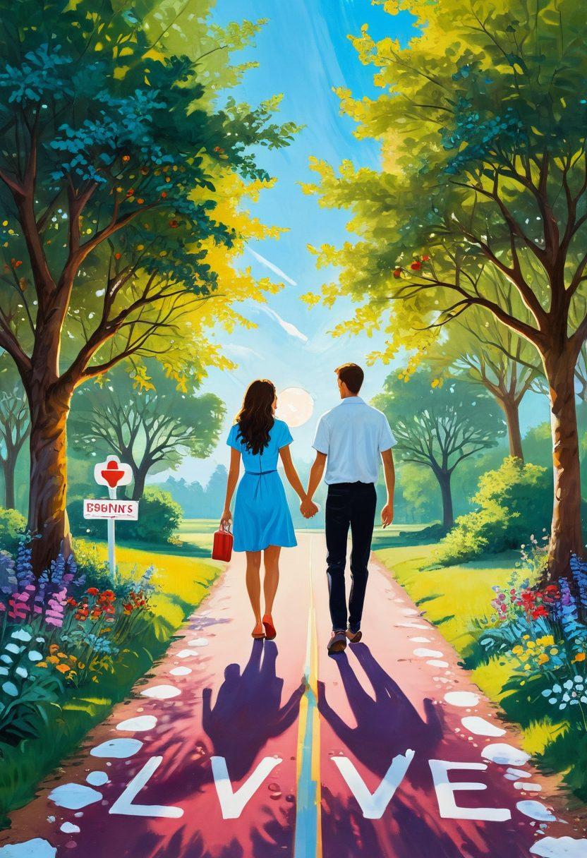 A whimsical scene depicting a couple holding hands, standing at a crossroads with road signs labeled 'Love', 'Coverage', and 'Insurance' amidst a lush green landscape. Soft hearts float around them, symbolizing love and protection, while a serene blue sky and glowing sun create a warm atmosphere. The painting blends romance and peace, encouraging a journey of nurturing relationships. painting. vibrant colors.